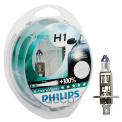 Лампа галоген H1 55W "PHILIPS" X-treme Vision  (2шт.) +100%